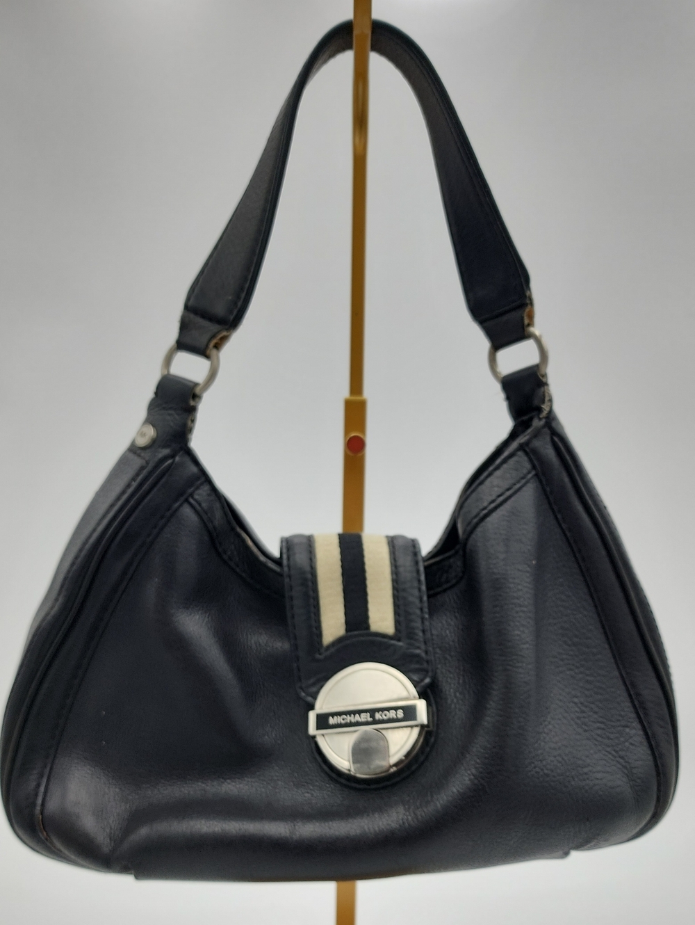 Michael Kors Black Leather Shoulder Bag with Cream and Black Stripe Accent